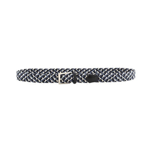 ATHISON - BRAIDED RAYON STRETCH BELT IN ACQUA by ATHISON: a blue, navy, and white stretch braided belt with silver buckle and dark leather tip.