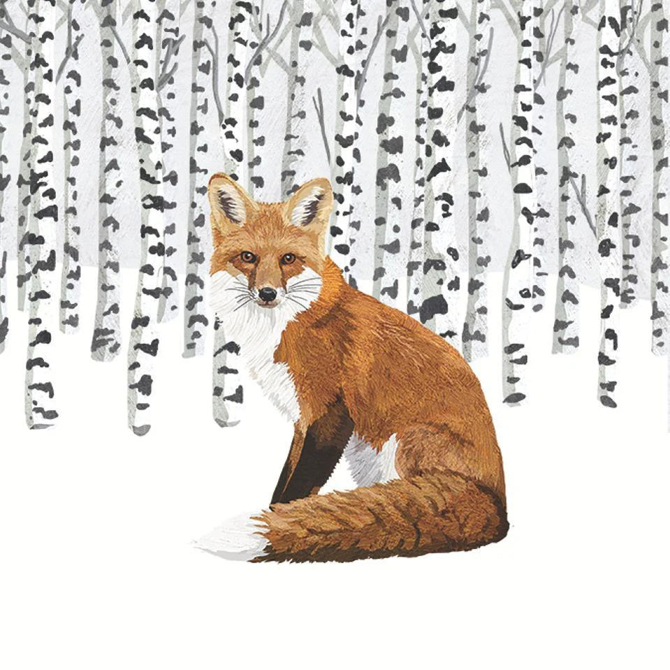 A red fox with a bushy tail sits on snow before white birch trees, just like the serene scene featured on Paper Products Design - Wilderness Fox Beverage Napkins, perfect for cozy winter gatherings.