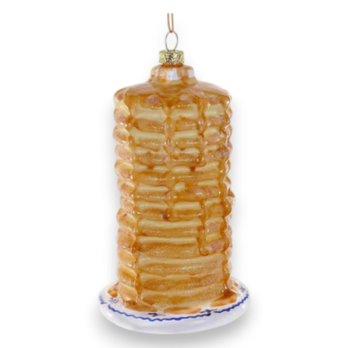 The BIG STACK ORNAMENT by CODY FOSTER is a delightful Christmas tree decoration shaped like a tall stack of pancakes with syrup on a white plate with a blue rim, gold cap, and hanging loop—perfect for collectors or as a unique holiday gift.