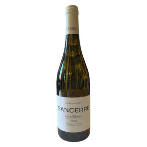 A bottle of CHERRIER FRÈRES 'LES RENARDERIES' SANCERRE 2024 from WINE: KELLOGG SELECTIONS stands upright against a white background, featuring clear glass, a cream-colored foil top, and a simple white and silver label.