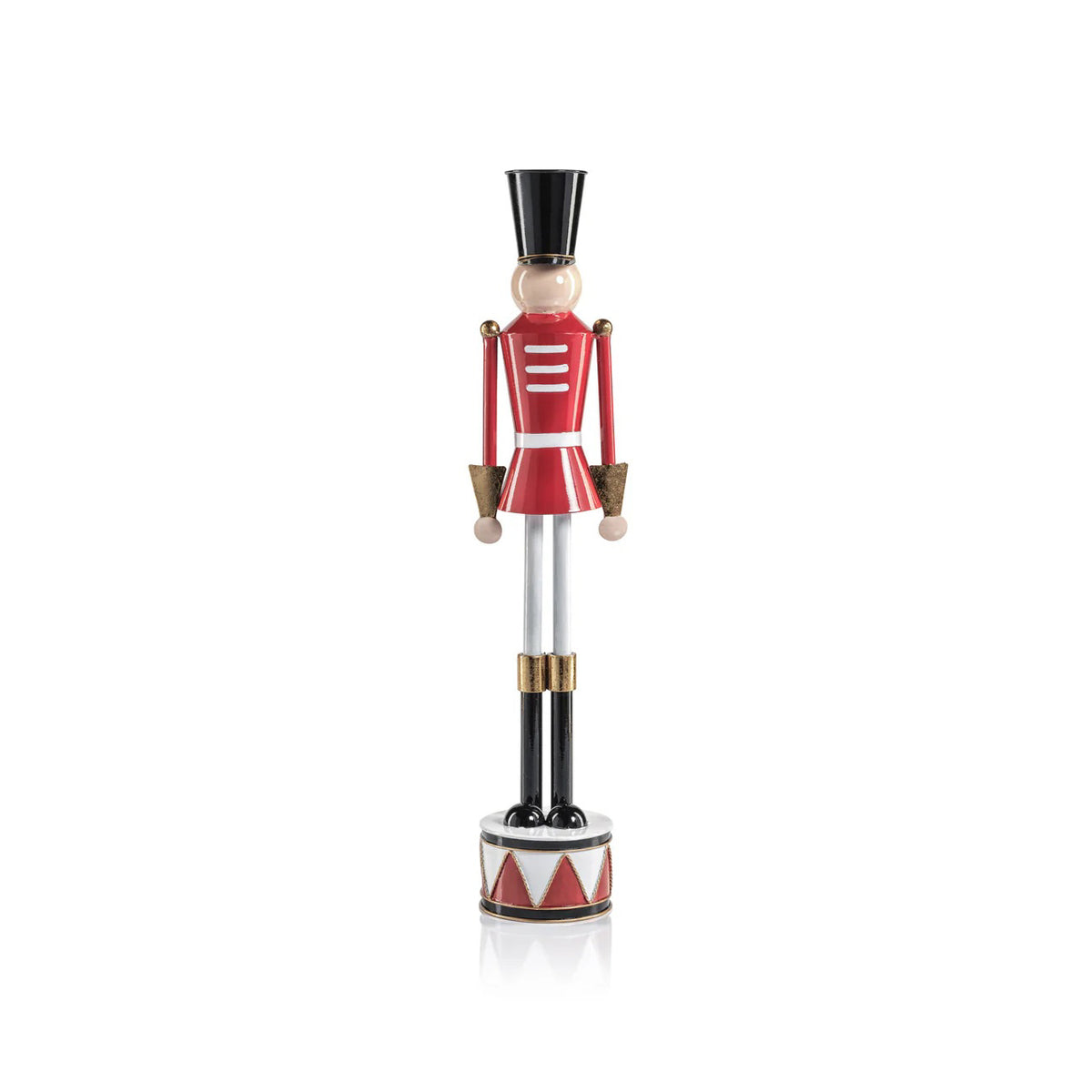 The ZODAX ALLOY FESTIVE DECORATIVE SOLDIER - MEDIUM is a tall wooden toy soldier in a red uniform and black hat on a round pedestal with red and white triangles, measuring 4 in x 20.75 in, shown against a white background.