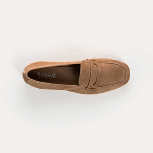 Top view of the REQINS - HEMA suede loafer in natural, featuring stitching details and a subtle branded leather insole, highlighting REQINS' craftsmanship against a plain white background.