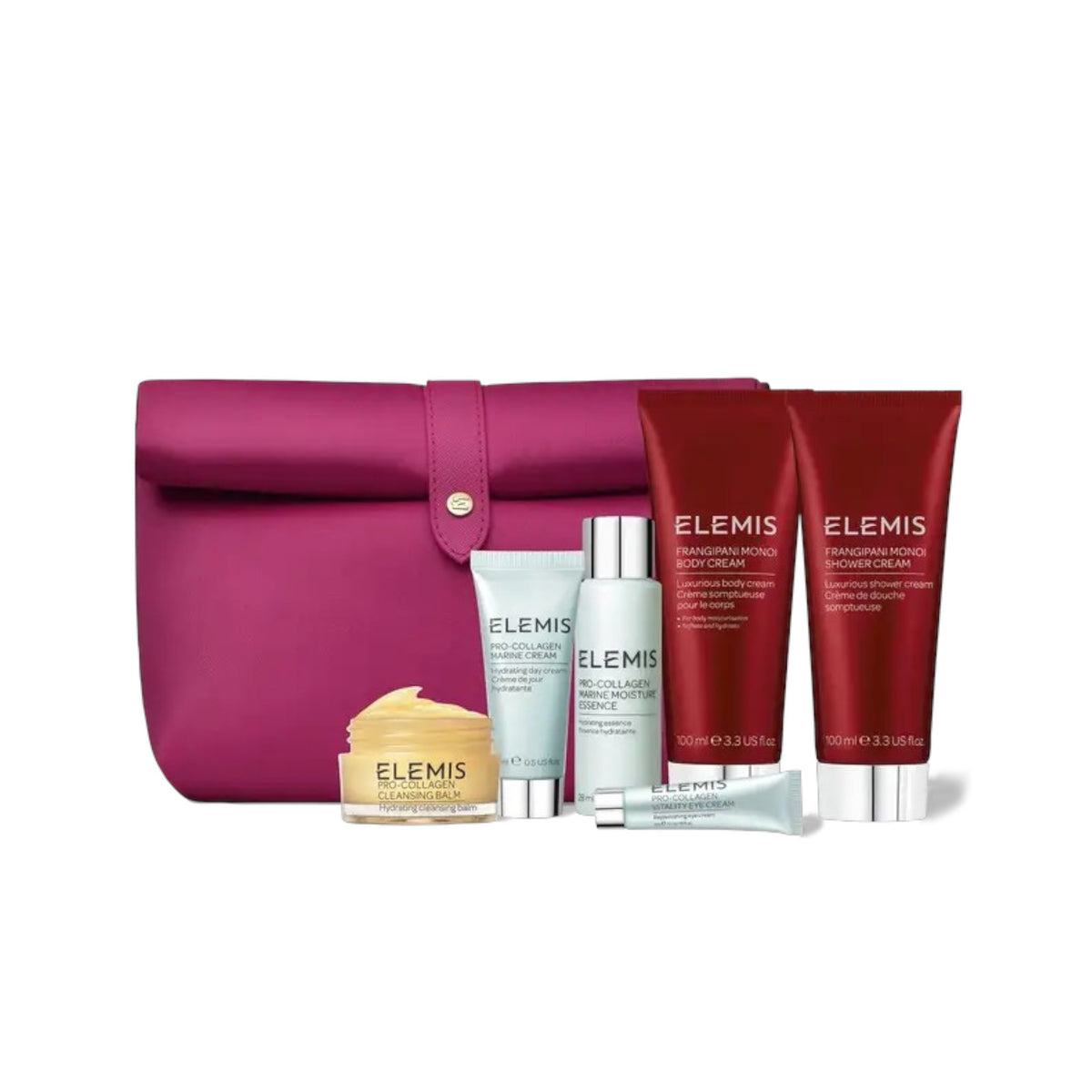 The ELEMIS - THE ESSENTIAL TRAVEL COLLECTION GIFT SET by ELEMIS - STEINER includes six skincare essentials from the Pro-Collagen range, with creams and tubes arranged before a vibrant pink snap-closure cosmetic bag.