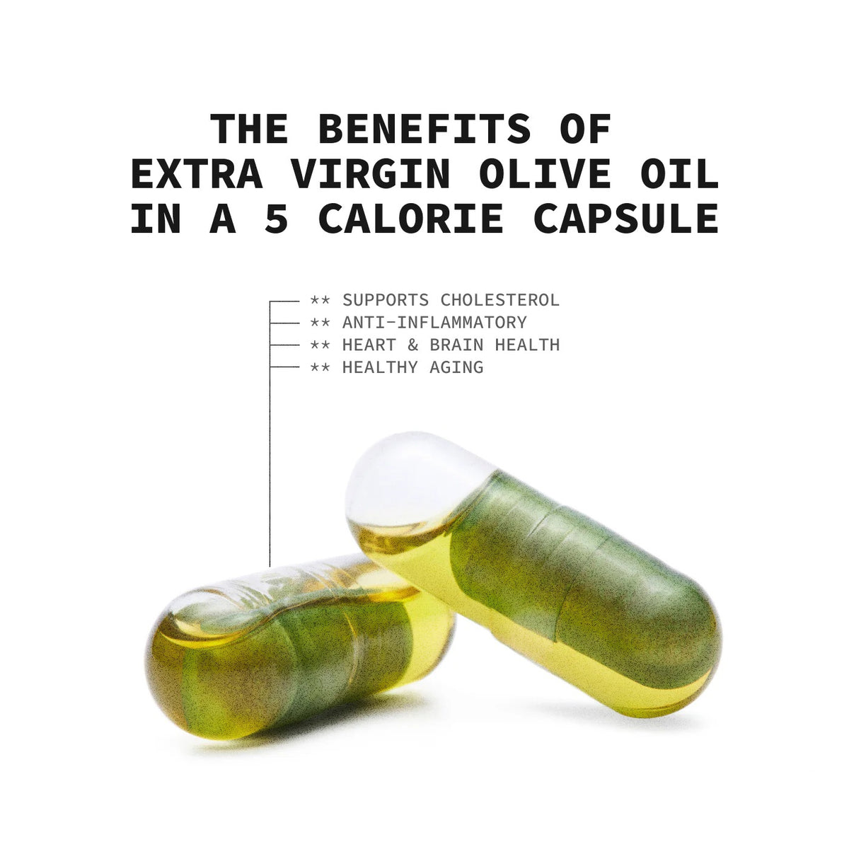 A green jar labeled "OLIVEA - EVOO &amp; HYDROXYTYROSOL SUPPLEMENT, 20 MG," with a black lid, stands on a white background. Produced by OLIVEA, this high-phenolic olive oil supplement is specially formulated with hydroxytyrosol to help support cardiovascular health.