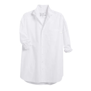 The FRANK AND EILEEN - SHIRLEY OVERSIZED BUTTON UP SHIRT features rolled long sleeves, a classic collar, a chest pocket, and an oversized fit. Made from 100% cotton poplin in classic white, the label inside is partially visible, making it ideal for casual wear.