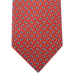 The BIRD DOG BAY Pablito Paisley Silk Tie in fuchsia is handmade in New York, featuring a colorful repeating pattern with blue, yellow, and white accents.