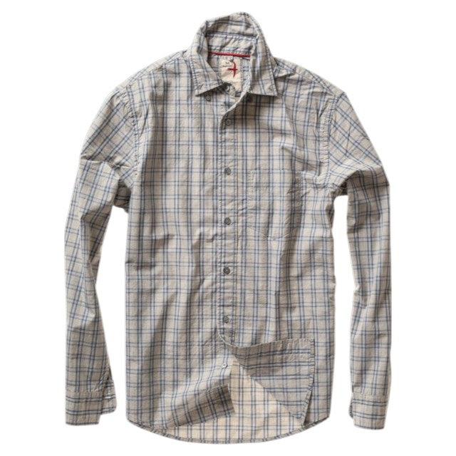 RELWEN Dress Blues Shirt in light grey with a blue grid pattern, long-sleeve button-up style, displayed flat on a white background.