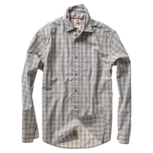 RELWEN Dress Blues Shirt in light grey with a blue grid pattern, long-sleeve button-up style, displayed flat on a white background.
