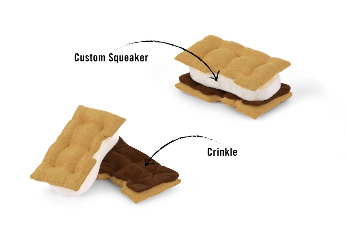 Sure! Here’s a rewritten sentence using your product data: Shaped like a s’more with light brown “graham crackers,” a white “marshmallow,” and a dark brown “chocolate” layer, this durable fabric dog toy—the CAMP CORBIN - GIMME S’MORE from PLAY PET LIFESTYLES—makes the perfect playtime or snuggle companion for pups.