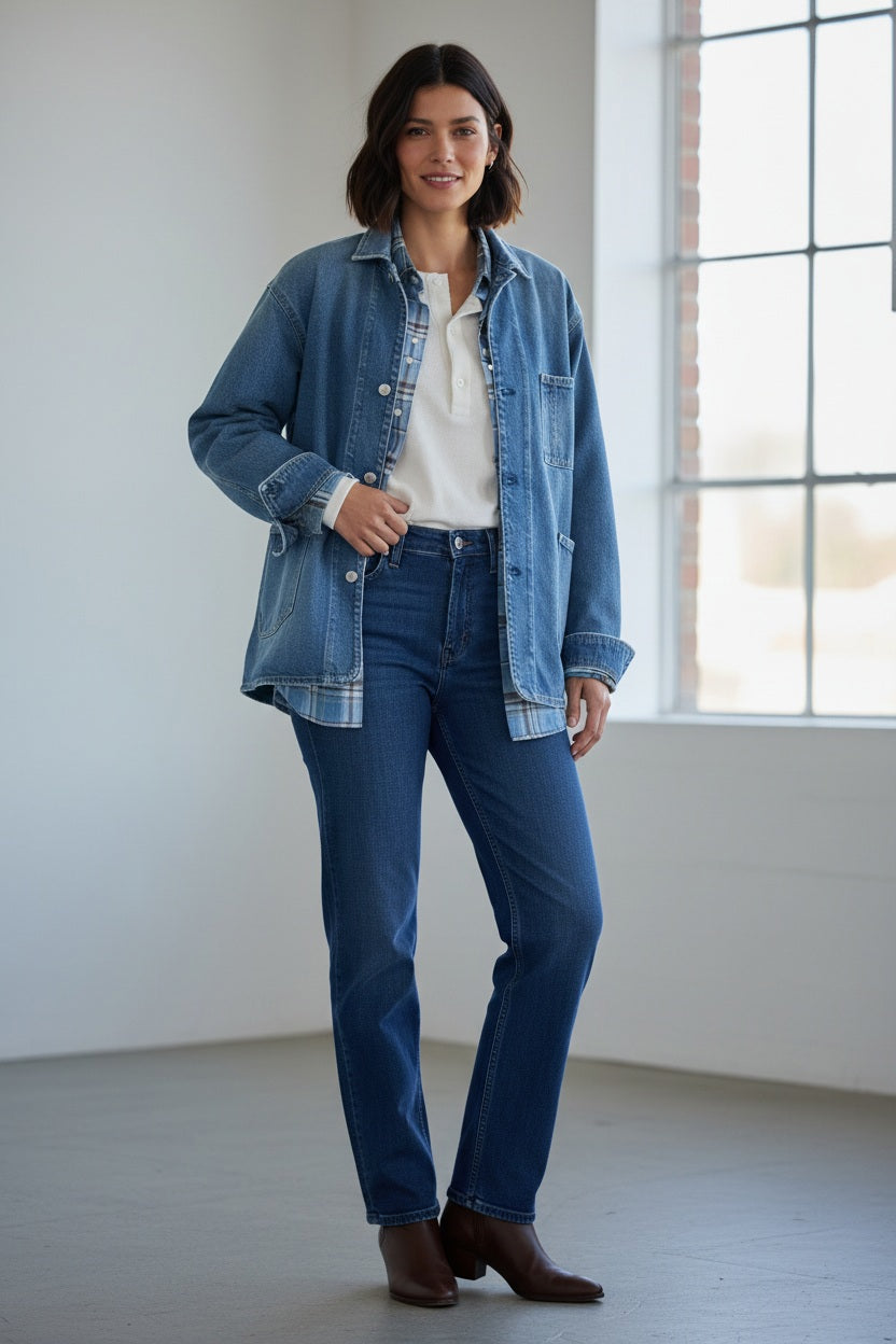 A woman stands indoors wearing the FRANK & EILEEN Bantry Barn Jacket in California Vintage Denim 1978 Wash over a white top, blue jeans, and brown ankle boots. She has short, dark hair and is smiling as natural light streams through a large window beside her.
