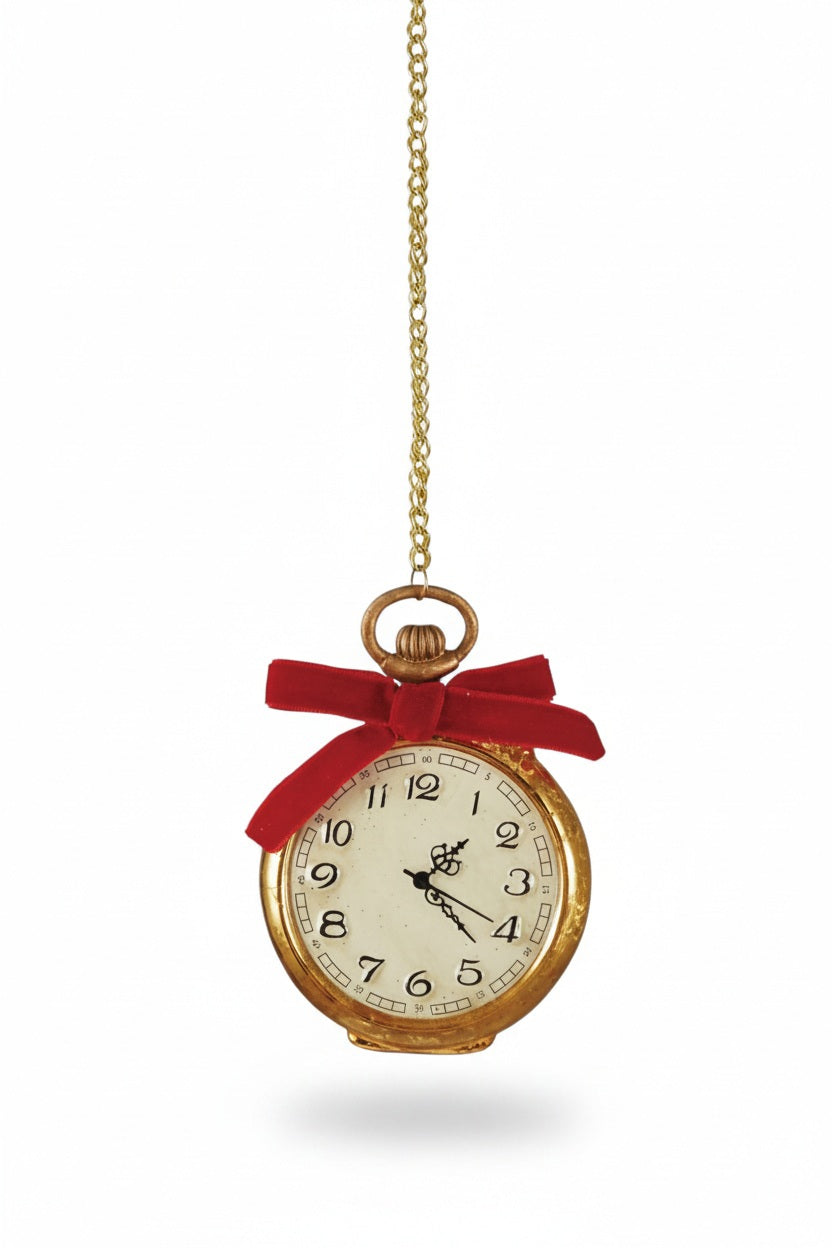 POCKET WATCH ON CHAIN ORNAMENT designed as an antique-style gold pocket watch hanging from a chain, decorated with a red velvet bow.