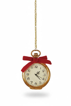 POCKET WATCH ON CHAIN ORNAMENT designed as an antique-style gold pocket watch hanging from a chain, decorated with a red velvet bow.