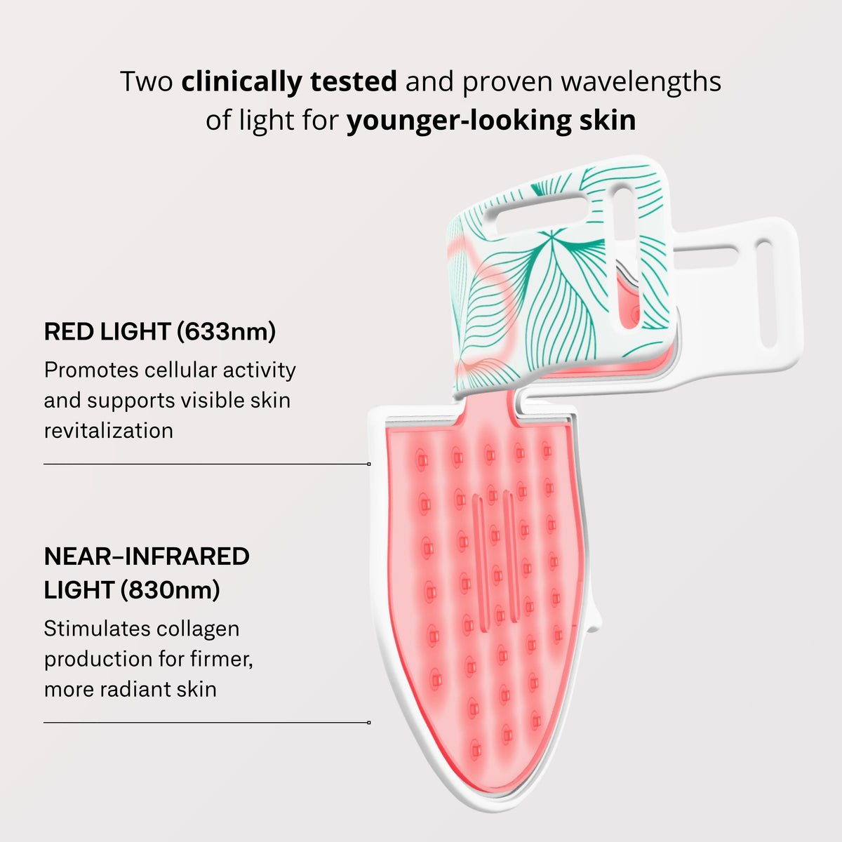 An OMNILUX - CONTOUR NECK & DECOLLETE KIT device by OMNILUX, featuring a white and pink pattern and designed for red light therapy, stands upright on a white surface with soft red light glowing around its edges.