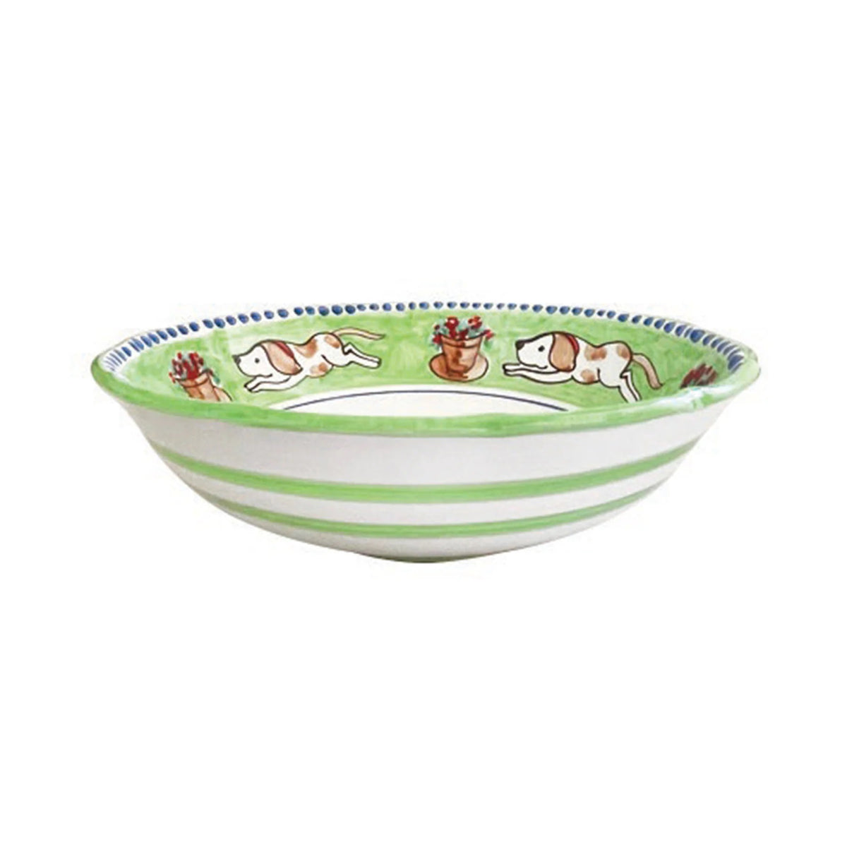 The VIETRI - MELAMINE CAMPAGNA LARGE SERVING BOWL is a durable serving piece that boasts an intricately painted interior. The inner design features a vibrant orange background adorned with colorful flowers and a blue and white bird. A dotted blue pattern graces the rim, making this bowl as functional as it is beautiful.
