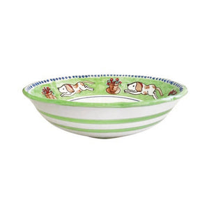 The VIETRI - MELAMINE CAMPAGNA LARGE SERVING BOWL is a durable serving piece that boasts an intricately painted interior. The inner design features a vibrant orange background adorned with colorful flowers and a blue and white bird. A dotted blue pattern graces the rim, making this bowl as functional as it is beautiful.