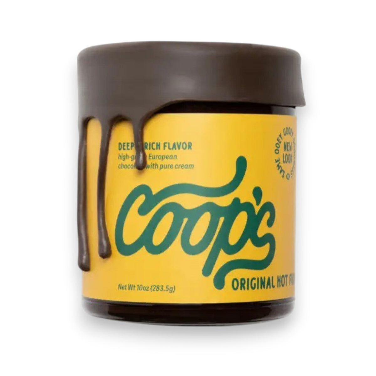 A jar of COOP'S - ORIGINAL HOT FUDGE is displayed with a dark brown lid and yellow label. The lid features a drip effect, resembling fudge oozing down the sides. The label boasts "Deep Rich Flavor, high-quality European chocolate with pure cream." This artisanal treat has a net weight of 10 ounces (283.5g).