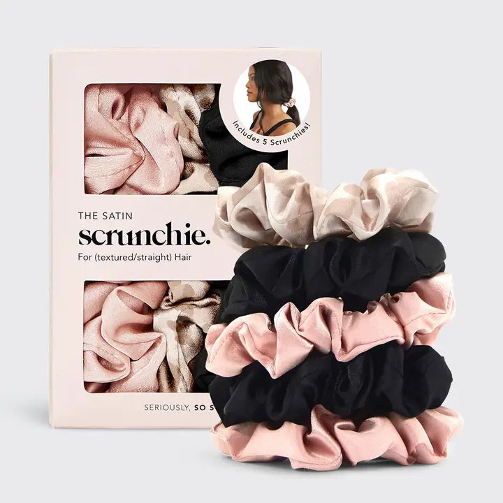 A set of KITSCH - SATIN SLEEP SCRUNCHIES in pink, black, and beige are shown with packaging depicting a person wearing one, highlighting "The Satin Scrunchie" for textured and straight hair. They promise frizz-free convenience as perfect Sleep Scrunchies.