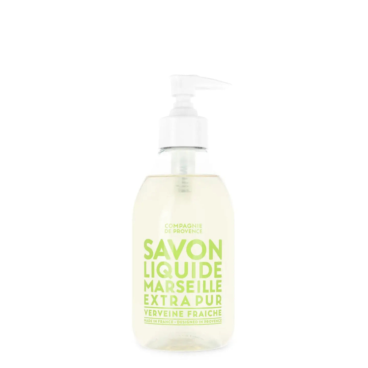The CIE LUXE BRANDS COMPAGNIE DE PROVENCE Savon Liquide de Marseille Fresh Verbena 10oz is a clear pump bottle of liquid soap with a light green label, scented with fresh verbena and made with nourishing botanical oils.