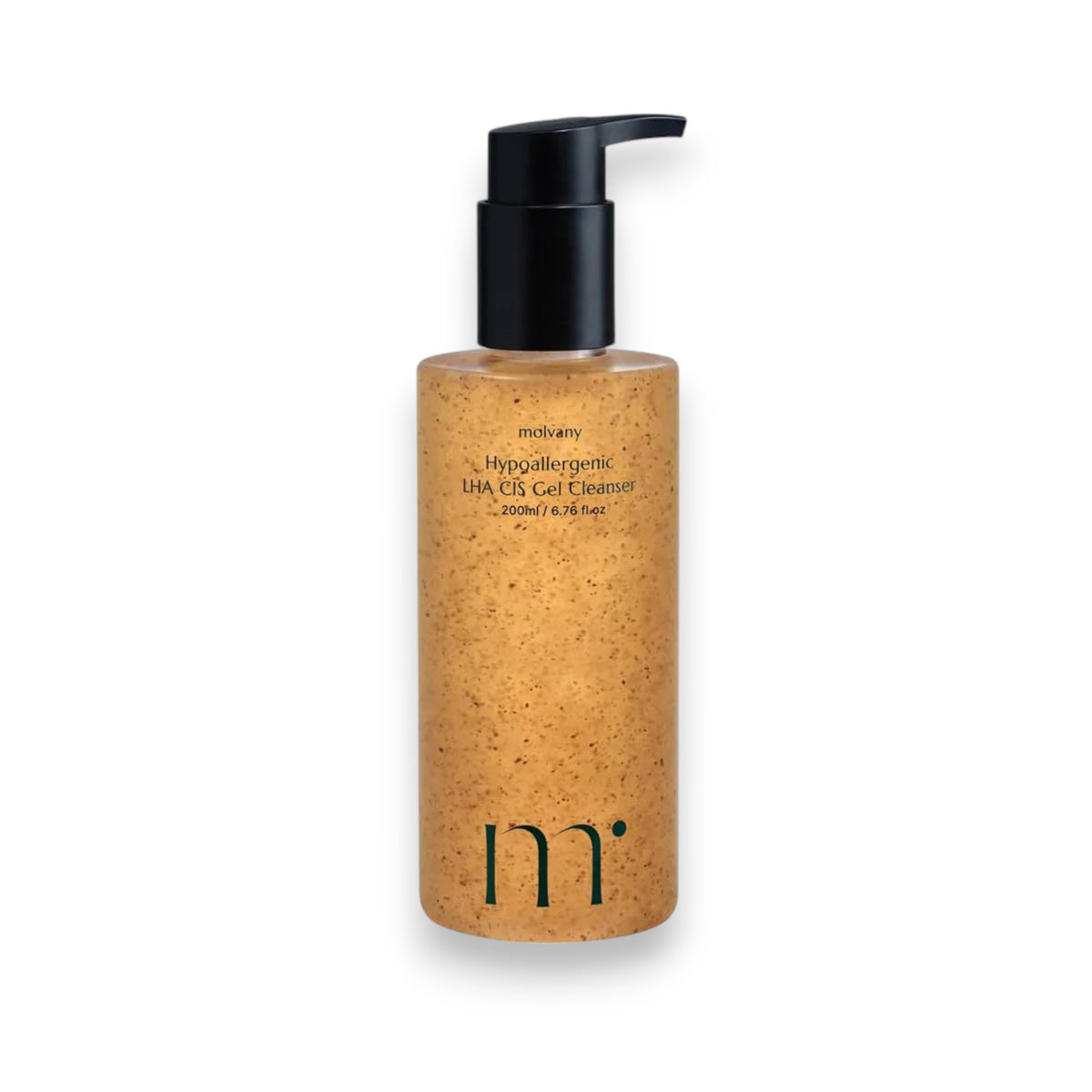A Molovany Hypoallergenic LHA C18 Gel Cleanser bottle from Hong Cheon USA, Inc. features a black pump, light brown gel with darker specks for pore and dead skin cell reduction, and a label with black text.