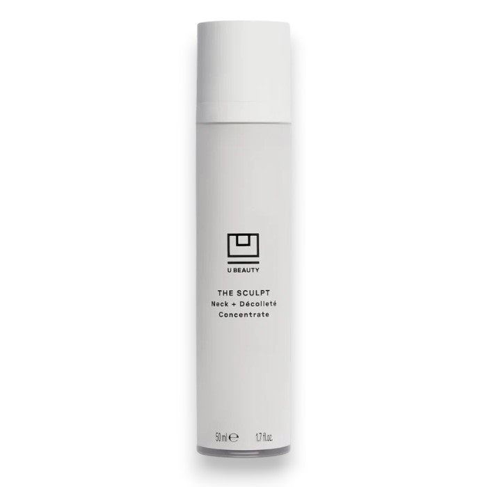 A white cylindrical bottle of U BEAUTY THE SCULPT NECK &amp; DECOLLETE CONCENTRATE, designed for neck and décolleté firming, features a minimalist black logo and text, standing upright on a white background.