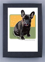 The PAPER RUSSELS - FRENCH BULLDOG BOX NOTES by PAPER RUSSELLS features a French Bulldog against a yellow and green geometric background, wearing a purple collar. The artwork is printed on recycled paper and framed in black.