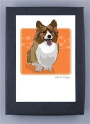 Illustration of a fluffy brown and white dog with its tongue out, featuring large ears and a happy expression, set against an orange background reminiscent of recycled paper hue, on PAPER RUSSELS - CORGI BOXED CARDS by PAPER RUSSELLS.