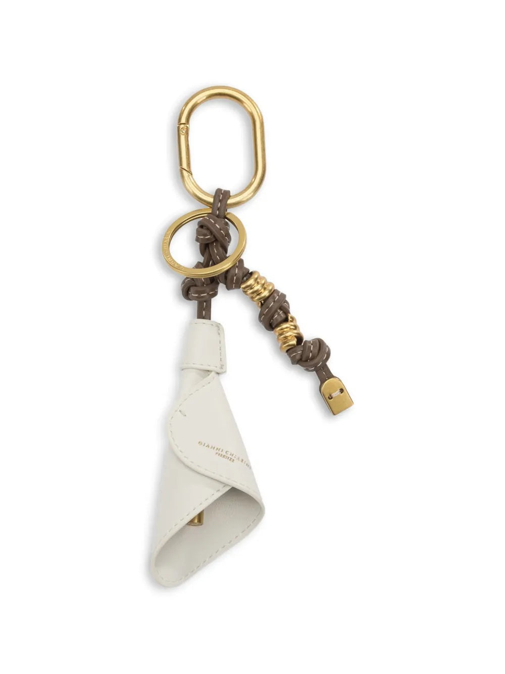 The GIANNI CHIARINI CALIA CHARM KEY RING features gold-toned rings and clip, a brown knotted synthetic leather detail, gold accents, a small lock charm, a Calia charm, and a folded white leather piece.