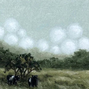 The SOPHIE WYATT STUDIO - BELTIES ART PRINT, 12X16 by SOPHIE WYATT STUDIO features a tranquil countryside scene with Belted Galloway cows peacefully grazing in a grassy field beneath a cloudy sky, surrounded by trees and bushes—a perfect art print to add rural charm to any space.