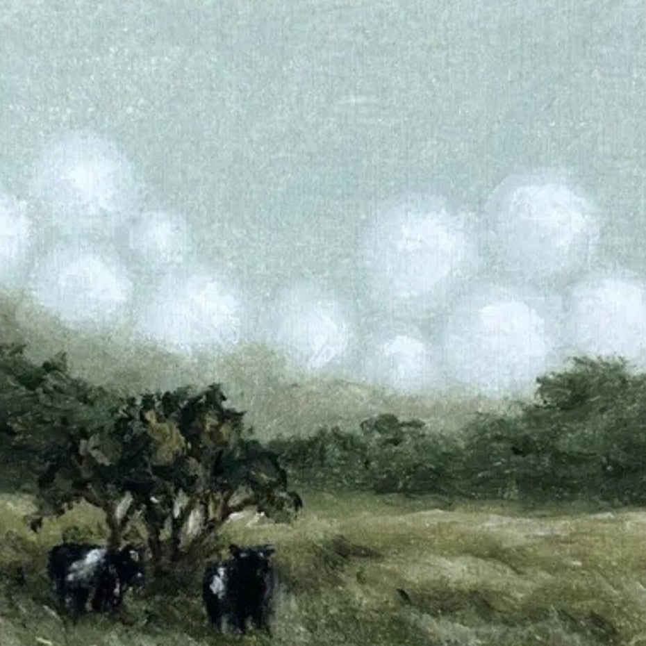 The SOPHIE WYATT STUDIO - BELTIES ART PRINT, 11x14 by SOPHIE WYATT STUDIO features four black-and-white Belted Galloway cows standing in a grassy field with trees and a cloudy sky in the background, beautifully capturing the charm of rural cow artwork.
