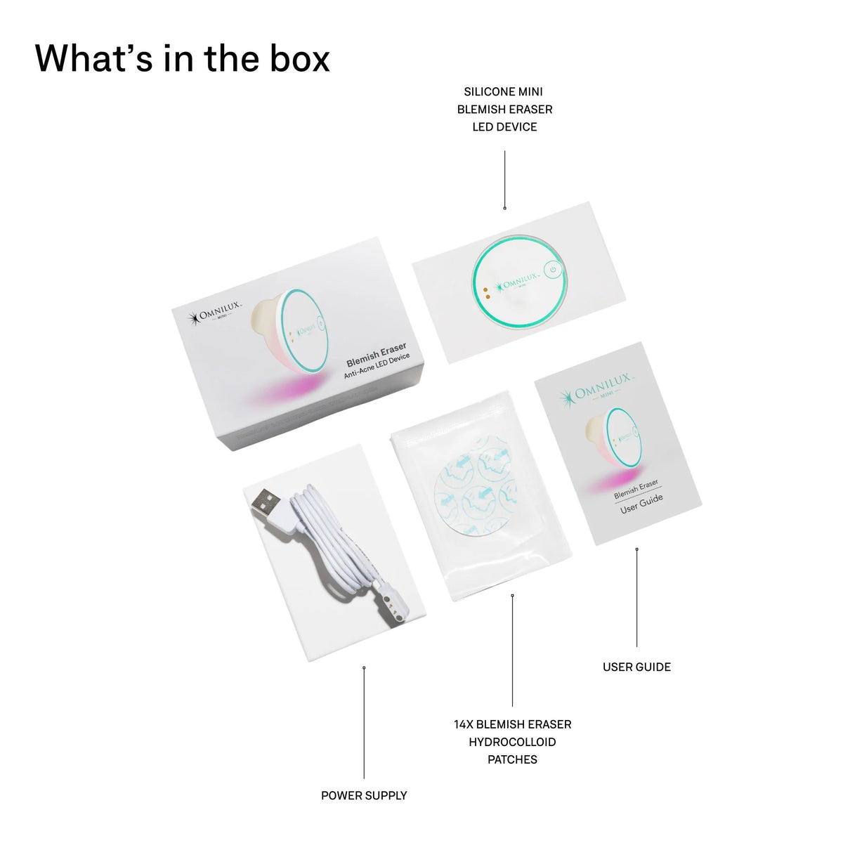 A round, white OMNILUX - BLEMISH ERASER KIT device from OMNILUX features a teal rim, power button, and logo; a soft pink light glows from underneath, showcasing its advanced blue and red light therapy technology.