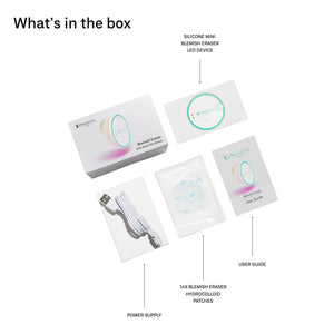 A round, white OMNILUX - BLEMISH ERASER KIT device from OMNILUX features a teal rim, power button, and logo; a soft pink light glows from underneath, showcasing its advanced blue and red light therapy technology.