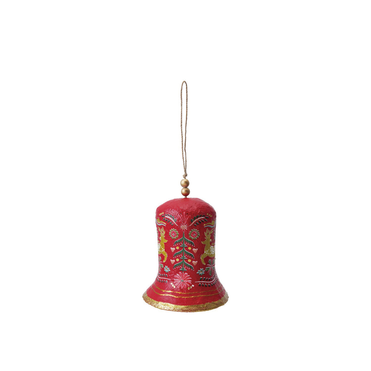The LARGE PAPER MACHE BELL WITH DEER AND FLORALS by CREATIVE COOP is a red, bell-shaped ornament featuring gold floral patterns, a top gold bead, and hangs from a thin string against a white background.