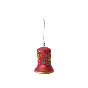 The LARGE PAPER MACHE BELL WITH DEER AND FLORALS by CREATIVE COOP is a red, bell-shaped ornament featuring gold floral patterns, a top gold bead, and hangs from a thin string against a white background.