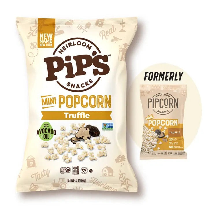 Bag of PIPCORN - TRUFFLE MINI POPCORN featuring an avocado oil label, displayed next to a smaller image of the previous Black Truffle popcorn packaging.