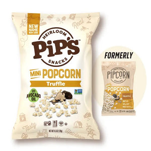 Bag of PIPCORN - TRUFFLE MINI POPCORN featuring an avocado oil label, displayed next to a smaller image of the previous Black Truffle popcorn packaging.