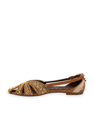 The MEHER KAKALIA - QUEEN DORIS SLING BACK IN KHAKI GOLD is a handcrafted women’s flat sandal in brown and yellow tones, featuring geometric embroidered patterns and cutout details. Viewed from the side, this artisanal footwear by MEHER KAKALIA showcases elegant embroidery and refined styling with a distinctive flair.