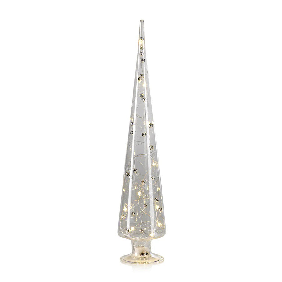 The ZODAX LED GLASS TREE WITH SILVER BEADS - EXTRA LARGE features a tall, clear glass cone filled with LED fairy lights and silver beads, standing on a round base against a white background.