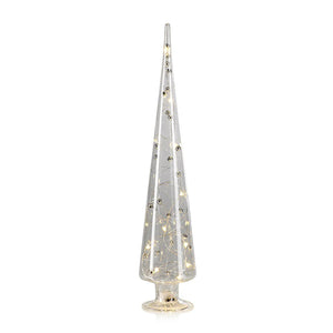 The ZODAX LED GLASS TREE WITH SILVER BEADS - EXTRA LARGE features a tall, clear glass cone filled with LED fairy lights and silver beads, standing on a round base against a white background.