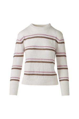 The KINROSS CASHMERE Textured Stripe Crew Neck Linen Sweater features a brown knit, blue, white, and gray textured stripes, long sleeves, and ribbed cuffs, hem, and neckline.