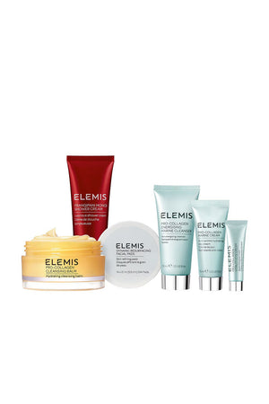 The ELEMIS - SHRIMPS TRAVEL ICONS SKINCARE COLLECTION by ELEMIS - STEINER features a pink and white checkered limited-edition toiletry bag with a gold zipper, shown with six travel-size skincare products in tubes, a jar, and a round container.