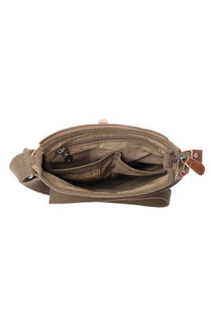The TSD BRAND Forest Zip Crossbody Bag in olive features a khaki canvas design with a brown adjustable strap, front pocket, and brown leather strap with metal buckle and clasp—offering military-inspired style and practical utility.