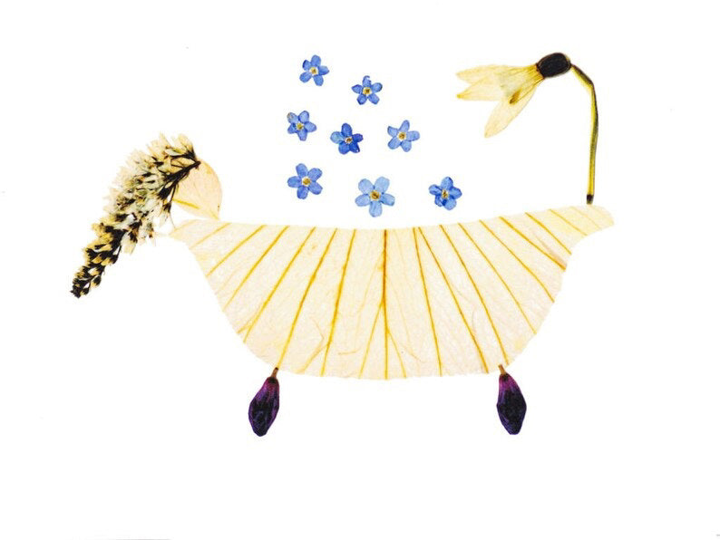 The PETAL PEOPLE PRESS - BUBBLE BATH CARD by PETAL PEOPLE PRESS showcases a whimsical horse crafted from yellow leaves with a petal body, white flower head, dark petal hooves, and feathery tail. Blue forget-me-not flowers are scattered above like falling rain in this pressed flower masterpiece.