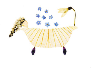 The PETAL PEOPLE PRESS - BUBBLE BATH CARD by PETAL PEOPLE PRESS showcases a whimsical horse crafted from yellow leaves with a petal body, white flower head, dark petal hooves, and feathery tail. Blue forget-me-not flowers are scattered above like falling rain in this pressed flower masterpiece.