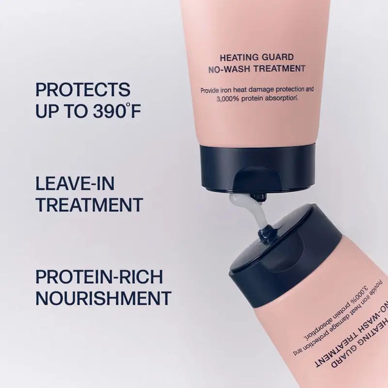 A pink tube of UNOVE Heat Guard No Wash Hair Treatment by EXOD International designed for damaged hair, featuring heat protection, frizz control, and enhanced protein absorption.