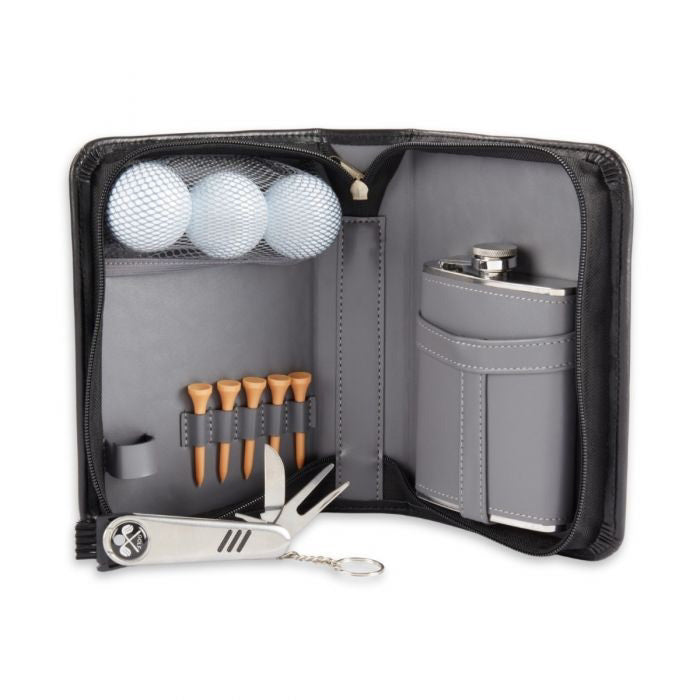 The BEYBERK INTERNATIONAL DRIVER GOLF SET includes three golf balls, four tees, a divot tool with keychain, and a silver flask in a grey holder—making it the perfect gift for any golf enthusiast.
