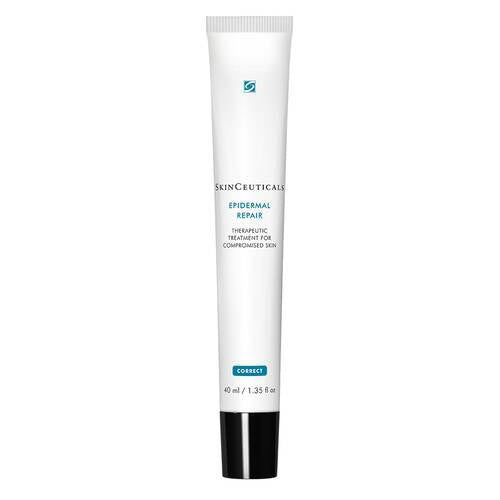 A SKINCEUTICALS - EPIDERMAL REPAIR white tube stands upright against a white background. The front label, featuring blue and black text, details this therapeutic moisturizing cream for compromised skin. This 40 ml (1.35 fl oz) solution effectively soothes skin and supports epidermal repair.
