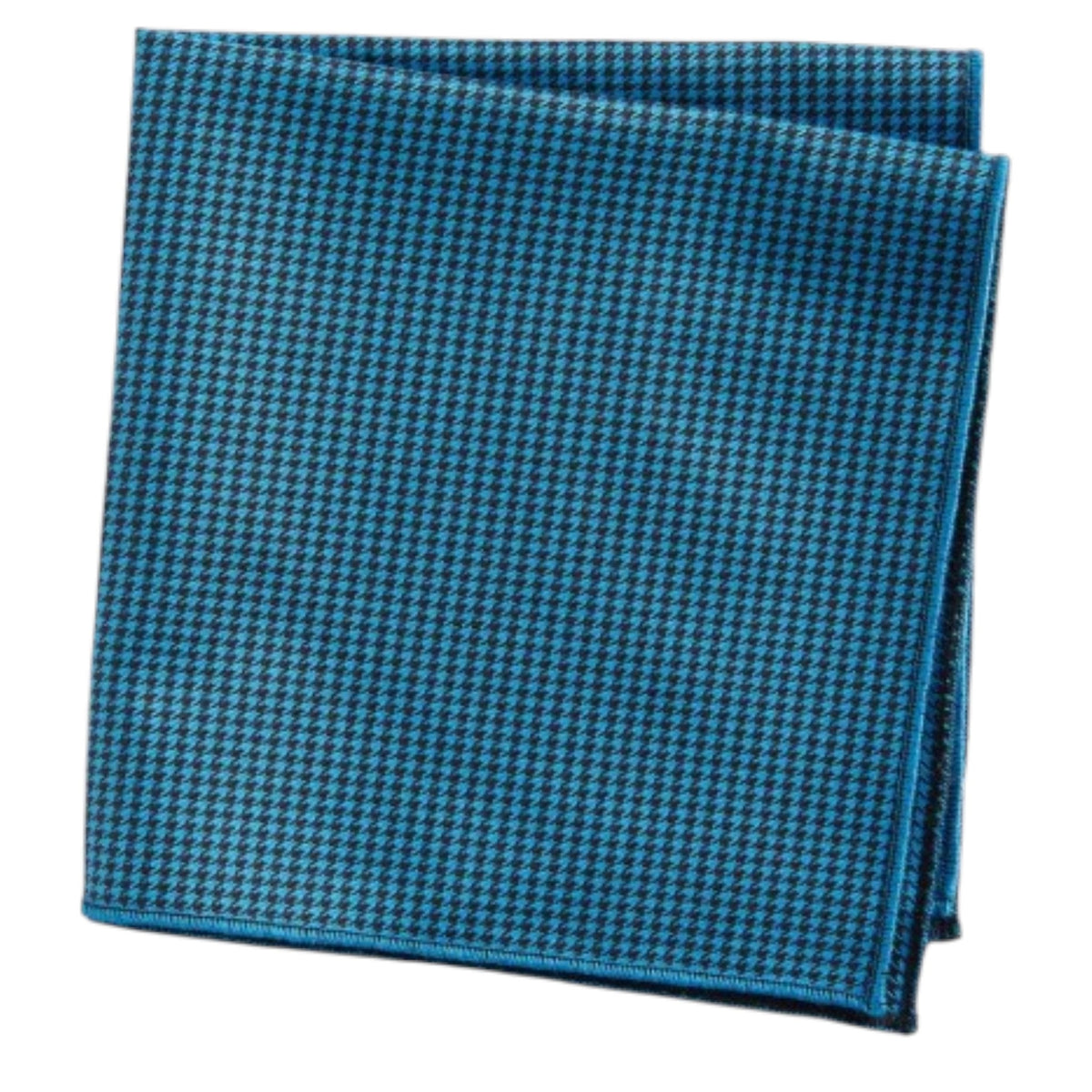 The CLIFTON WILSON Teal Houndstooth Cotton Pocket Square, made in the USA, is neatly folded and displayed on a white background.