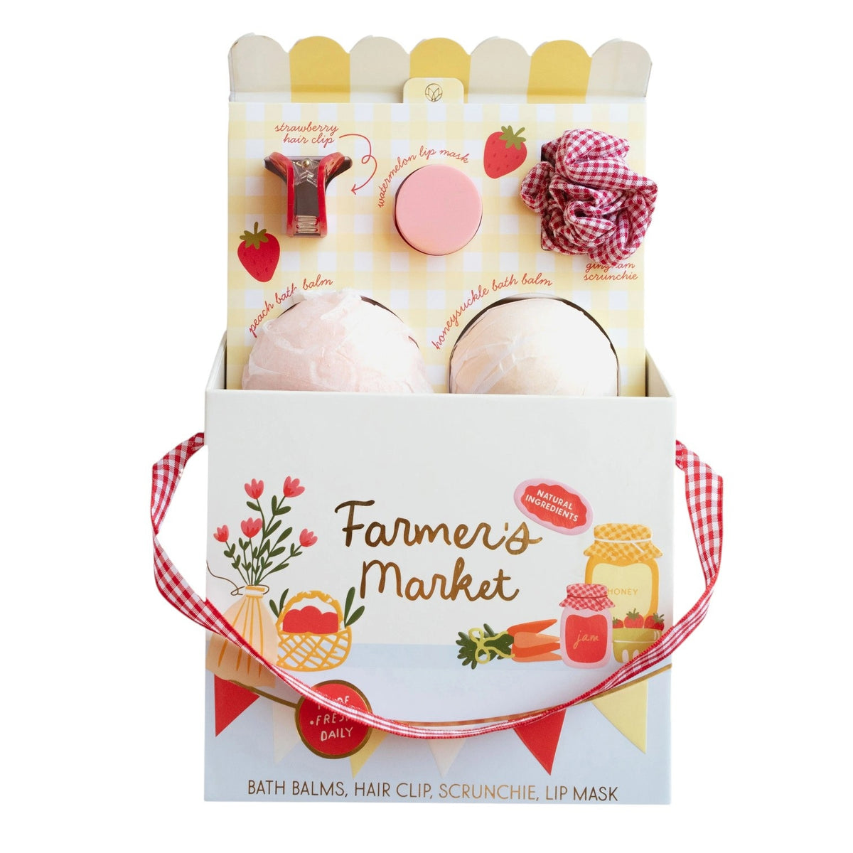 MUSEE - FARMERS’ MARKET GIFT SET by MUSEE features two soothing bath balms, a pink hair clip, a hydrating lip mask, and a red gingham scrunchie—all beautifully packaged in a decorative box adorned with checkered trim and delightful fruit illustrations.