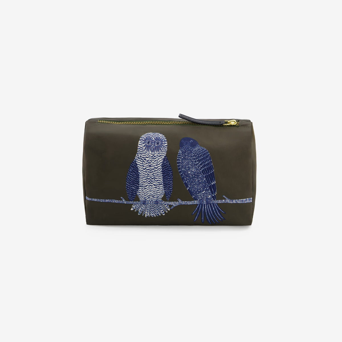 The INOUI EDITIONS - CHOUETTE COSMETIC POUCH IN KHAKI by INOUI is a khaki polyester pouch featuring embroidered designs of three blue owls and one blue cat sitting together on a branch, crafted in India.