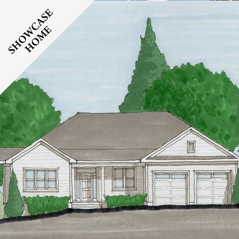 Illustration of a single-story house with a front porch, two-car garage, and surrounding bushes and trees. A white banner in the top left corner reads "SHOWCASE HOME" in black text.